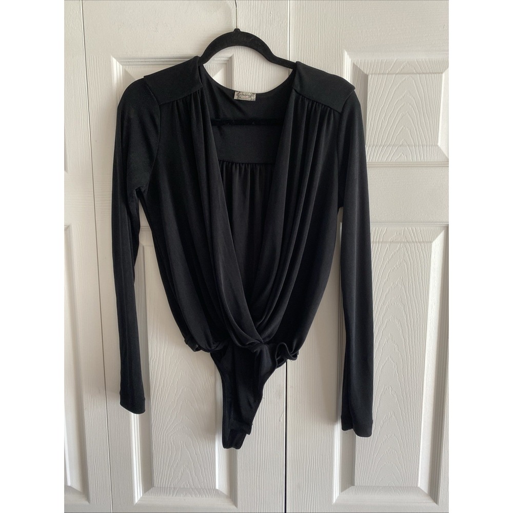 Intimately Free People Draped Surplice Bodysuit Womens Size M Black Long Sleeve